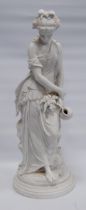 Parian ware figurine modelled as a classical Goddess holding an amphora jug, with applied bouquet of