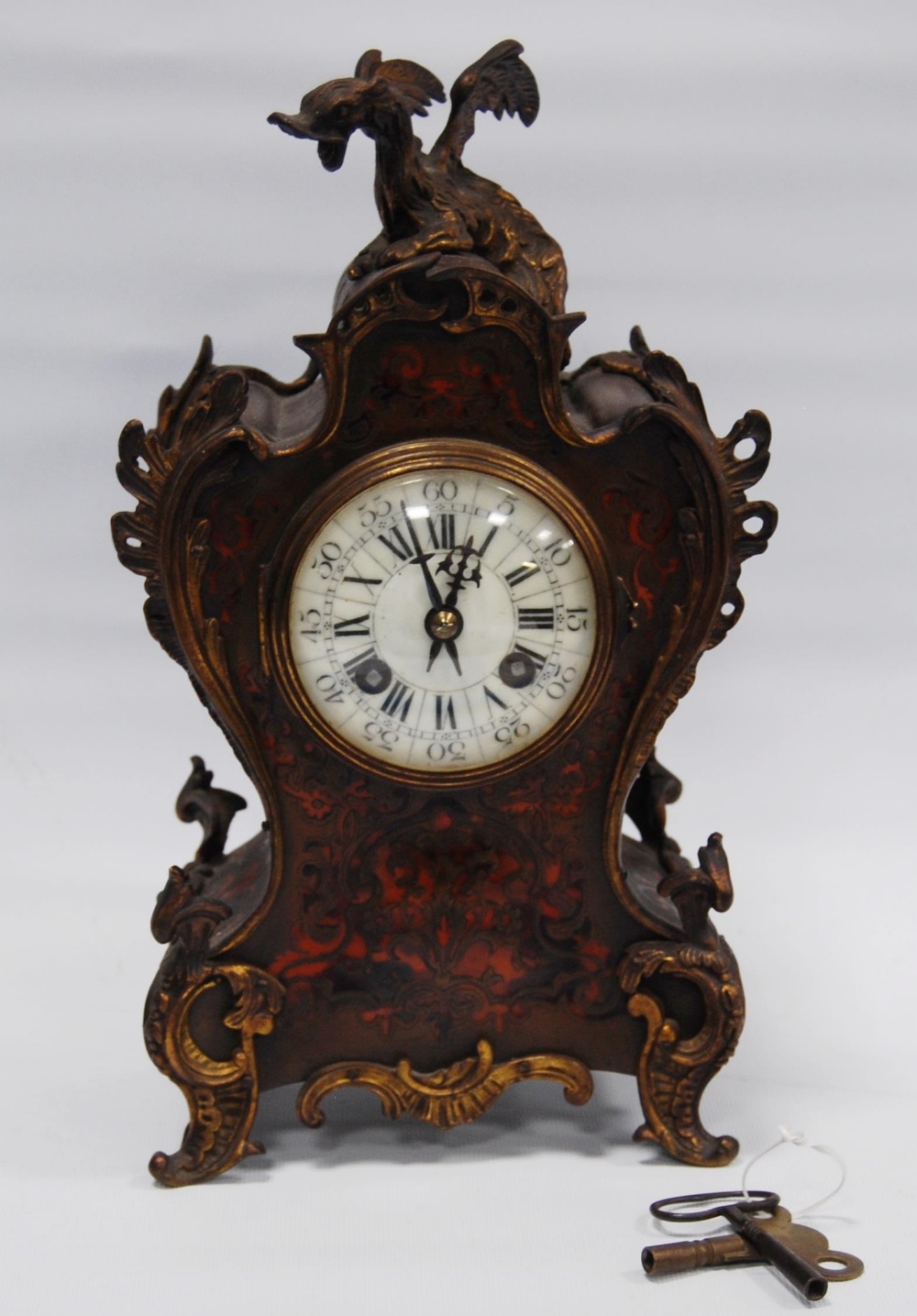 19th century French Boulle work mantel clock with gilt metal dragon surmount above an enamel dial - Image 2 of 11