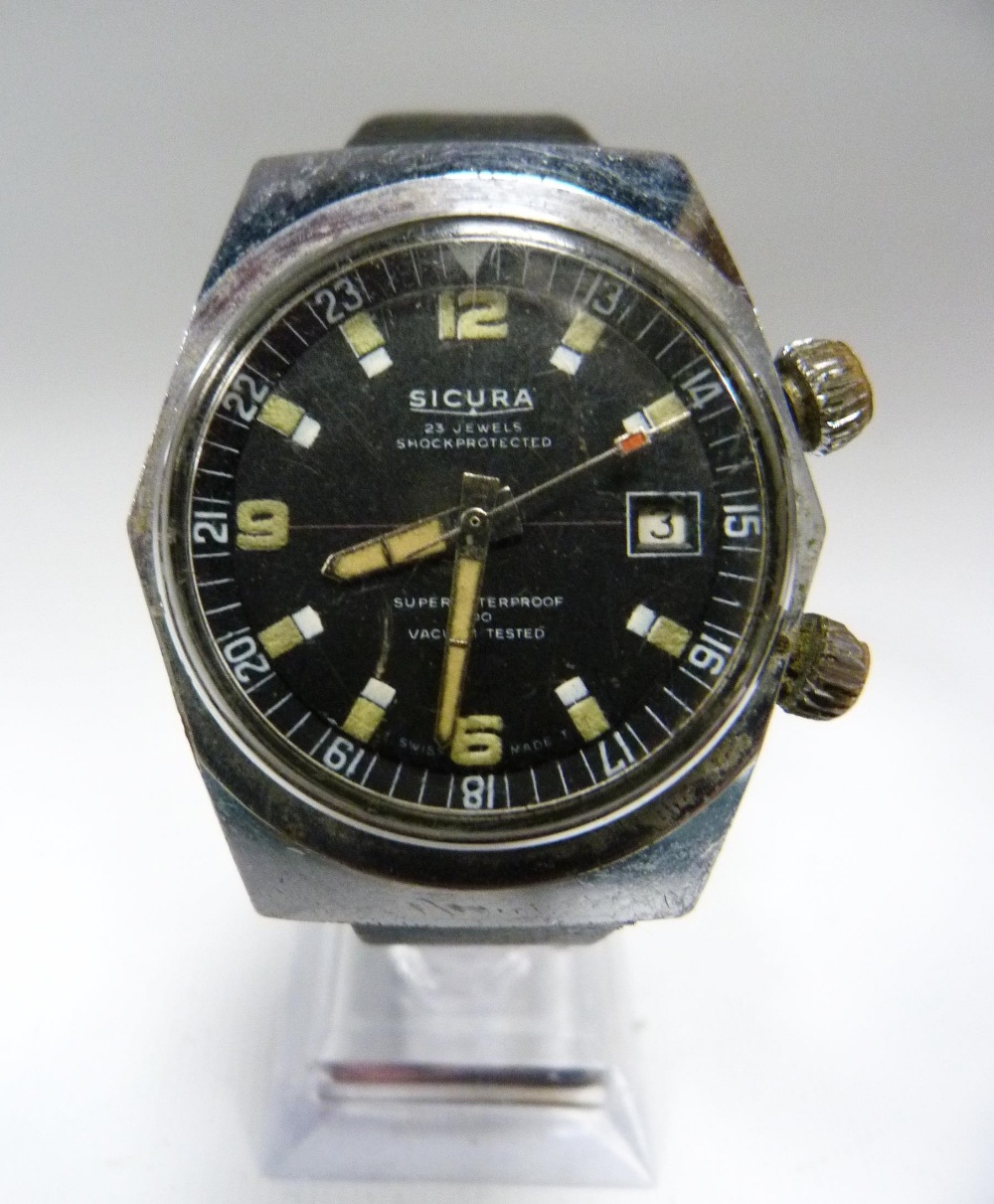 Sicura 23 jewels Superwaterproof 400 vacuum tested manual wind diver's watch, c. 1960s, case - Image 6 of 13