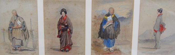 Charles Wirgman Snr RA (British, 1832 - 1891) Japanese Geisha and monks Signed, quartet of