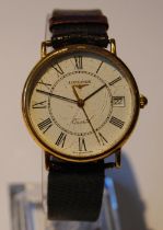 Longines gent's quartz wristwatch with rolled gold bezel, white dial, Roman numerals and date