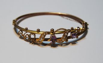 Victorian gold hinged bangle with pearls and amethysts, c. 1900, 5.8g.