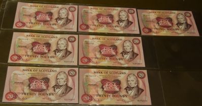 Seven Bank of Scotland £20 banknotes from 1981 to 1987, all signed by Risk/Pattullo.  (7)