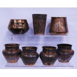 Antique Indian brass overlaid coconut cup, 8cm high, and six Indian brass spill vases/cups, five