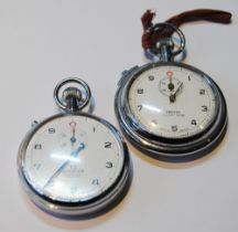 Omega stopwatch cased in chrome, the cream dial with subsidiary dial and Arabic numerals, the dial