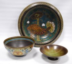 Gouda Pottery shallow bowl, the well decorated with colourful toadstools within blue and gold