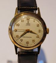 Tudor Royal wristwatch in Rolex 9ct gold case, c. 1950s, with silvered dial, gold-coloured Arabic