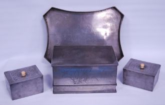 Group of Chinese export pewter, 20th century, comprising a tea box and cover, 11.5cm high, 23.5cm