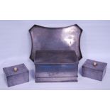 Group of Chinese export pewter, 20th century, comprising a tea box and cover, 11.5cm high, 23.5cm