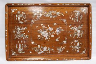Late Qing Dynasty Chinese padouk and mother of pearl marquetry rectangular tray, inlaid with