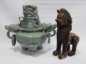 Chinese jade-coloured soapstone koro and cover, 20th century, with dragon mask surmount and handle