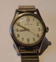 Zenith Pilot manual wind wristwatch, c. 1946, in stainless steel case with white dial and Arabic nu