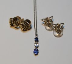 Pair of gold knot earrings and a pair of ear clips, both 9ct, 6g gross, and a pendant set with three