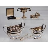 Silver milk jug and sugar bowl, and five other silver items, 442g.