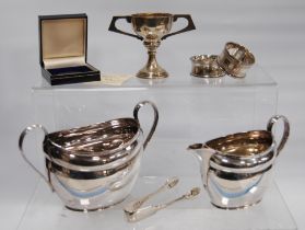 Silver milk jug and sugar bowl, and five other silver items, 442g.