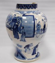 Chinese Qing Dynasty blue and white baluster vase in the manner of Kangxi, with scrolls to the rim