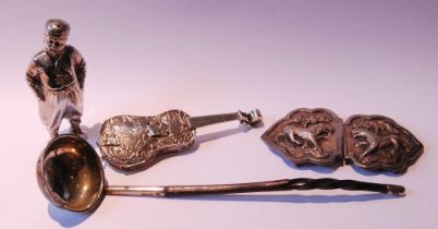 Silver pepperette modelled as a Dutchman and a similar silver embossed violin, Import Marks 1900 and