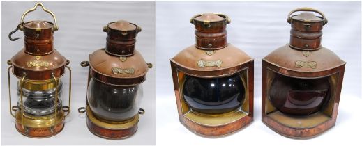 Four copper and brass ship's lamps, for port, starboard, masthead and anchor, all with brass carry