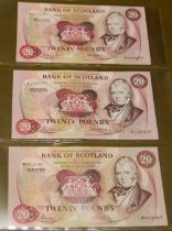 Three Bank of Scotland £20 banknotes, 132-1 issued October 1st 1970, signed Polwarth/Walker, no.
