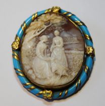 Victorian turquoise cameo brooch with oval turquoise band to the outer, rolled gold decoration,
