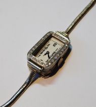 Art Deco 9ct white gold and diamond lady's cocktail wristwatch set with small brilliant-cut diamonds