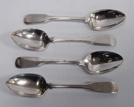 Set of four silver colonial fiddle pattern dessert spoons,  212g.