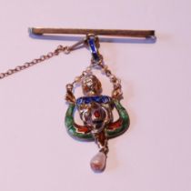 Silver pendant of Renaissance style with polychrome enamel on 9ct white gold pin.