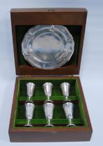 Set of six plain silver kiddush cups, on spreading feet, with tray, Import Marks, 1991, cased.