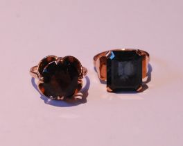 9ct gold ring with smoky citrine and another, synthetic, probably 9ct, both size P, 9.9g gross.