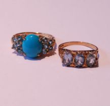 Gold ring with three aquamarines and another, both 9ct gold, sizes R and S/T, 7.7g gross.  (2)