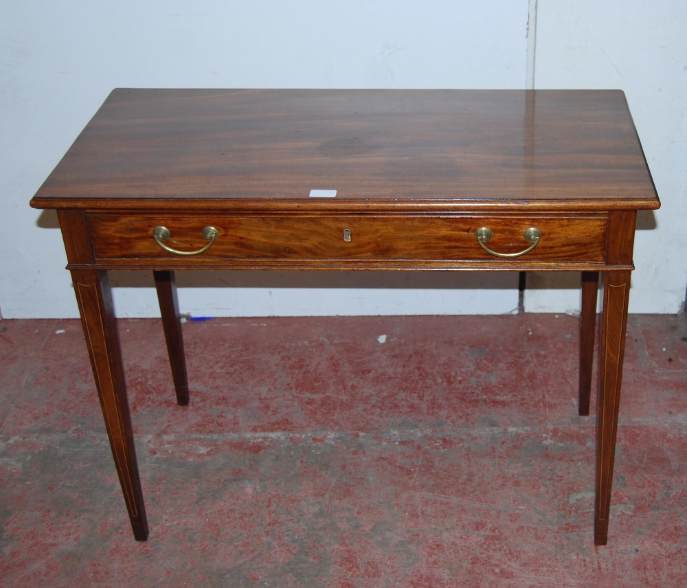 George III mahogany inlaid tea table with rectangular top above a single drawer, on satinwood strung