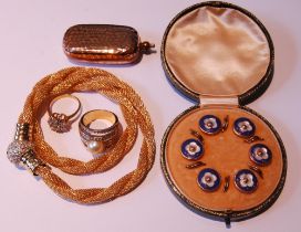 Six enamelled gilt metal buttons, a gilt metal sovereign purse and three items of costume jewellery.
