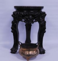 Chinese padouk jardinière stand with marble inset, fruit and vine frieze, on ball and claw feet,