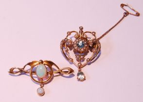 9ct gold brooch of Art Nouveau style with two opals, 1911, and another with pearls, 6.9g gross.  (2)