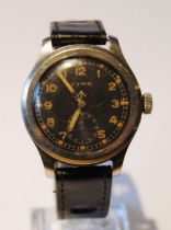 WWII Cyma 'Dirty Dozen' military-issue wristwatch in stainless steel case with black dial, yellow