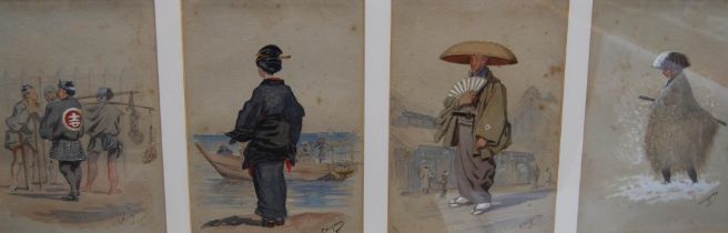 Charles Wirgman Snr RA (British, 1832 - 1891) Japanese Geisha, Warrior and other figures Signed,