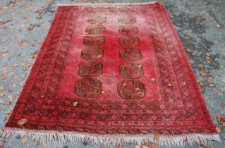 Afghan Belouch hand-knotted rug with six rows of two geometric guls to the centre flanked by
