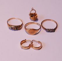 18ct gold signet ring, two others, charm and other items, 9ct, 13g gross.