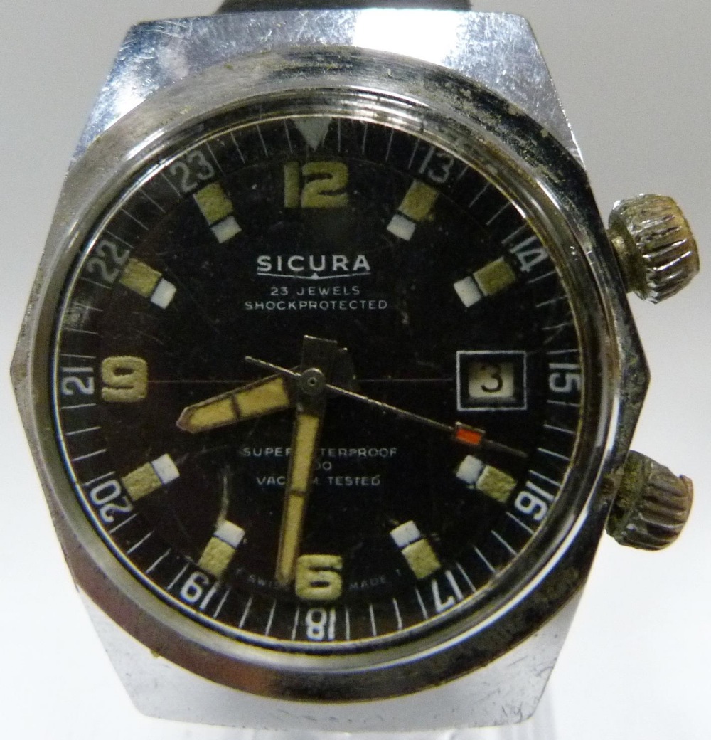 Sicura 23 jewels Superwaterproof 400 vacuum tested manual wind diver's watch, c. 1960s, case - Image 7 of 13