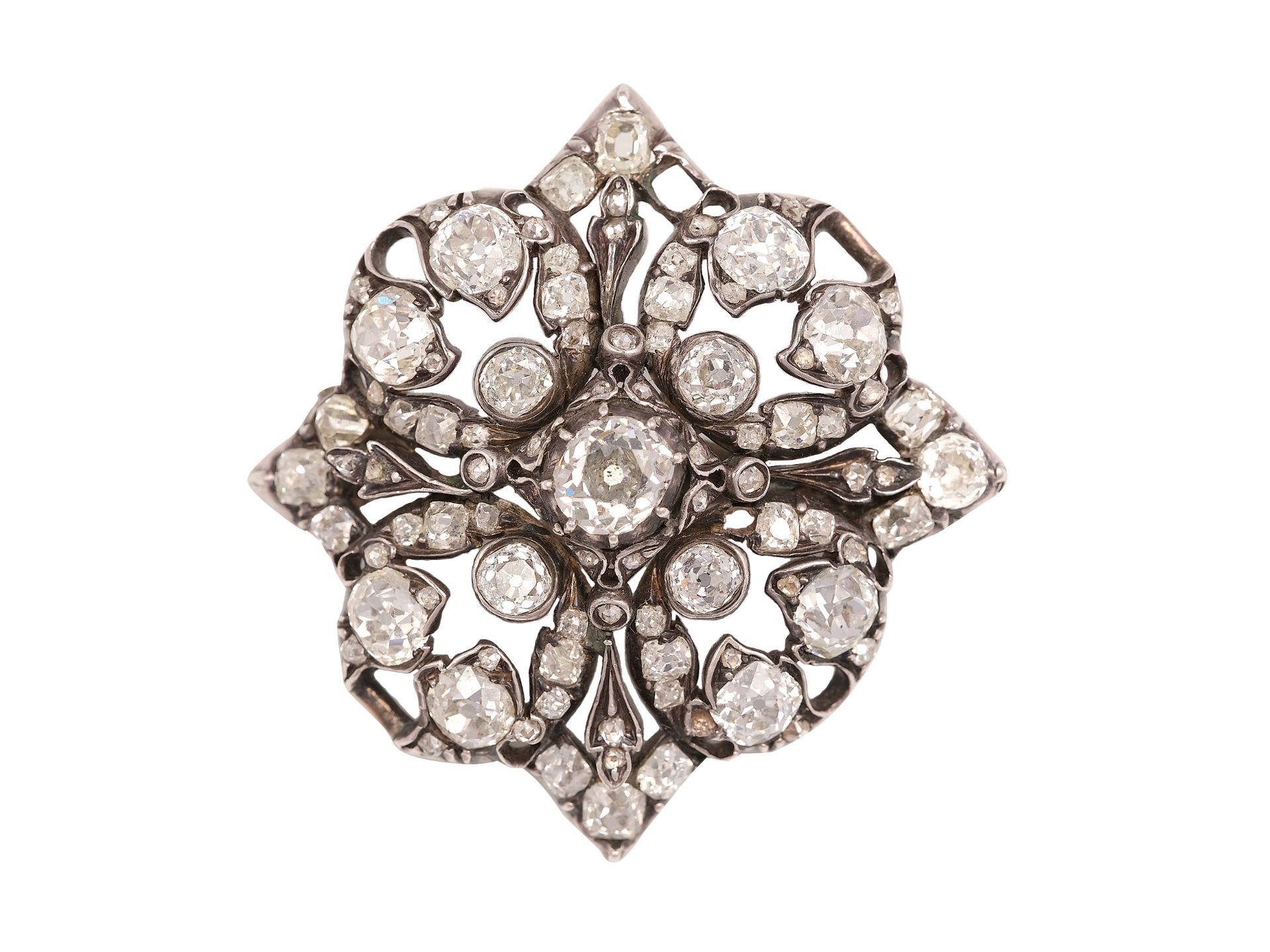 Baroque brooch, Middle 19th century, White gold or silver set