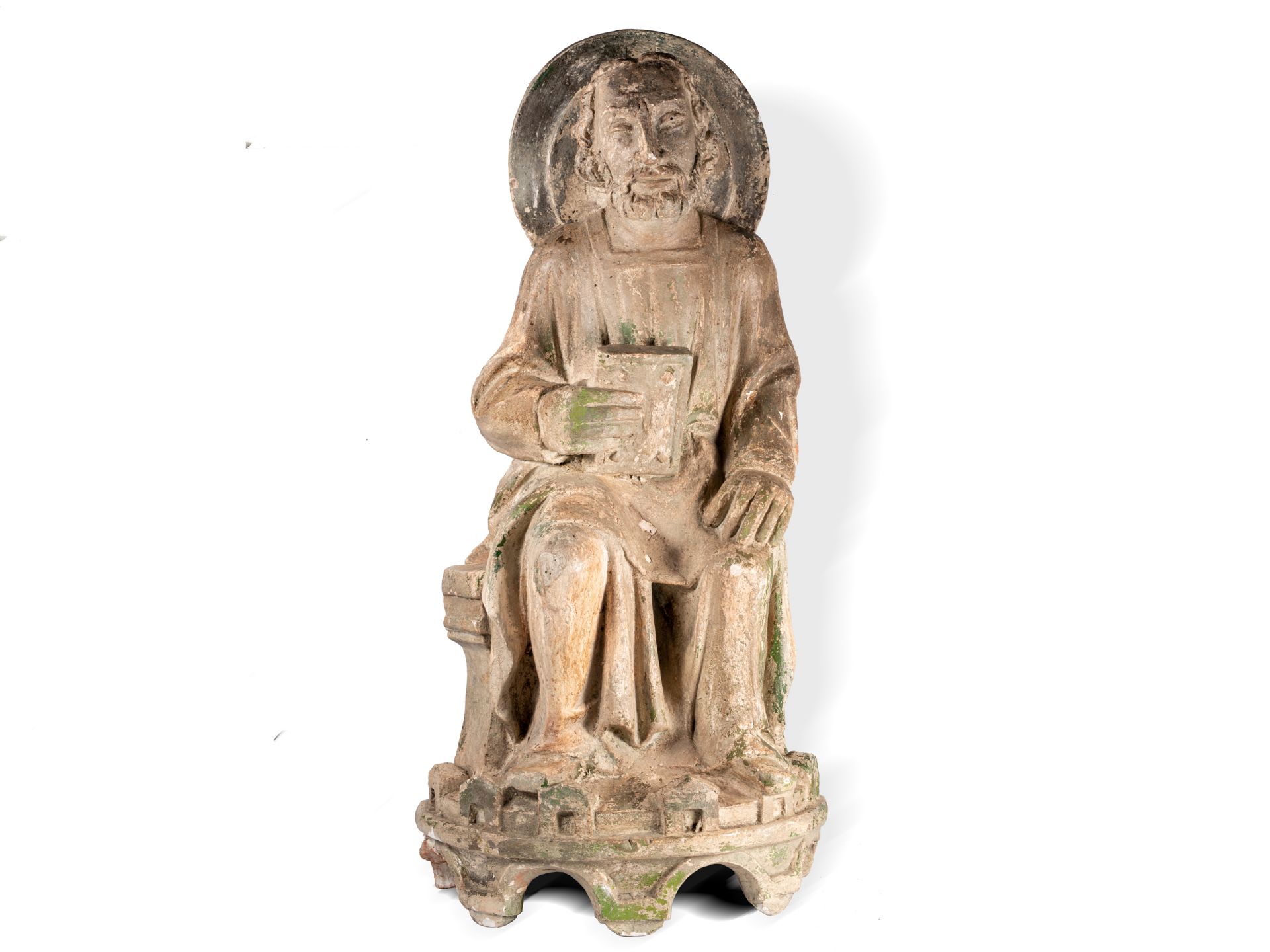 Museale Skulptur eines sitzenden Apostels, Italien, Im Stil des 14. Jahrhunderts