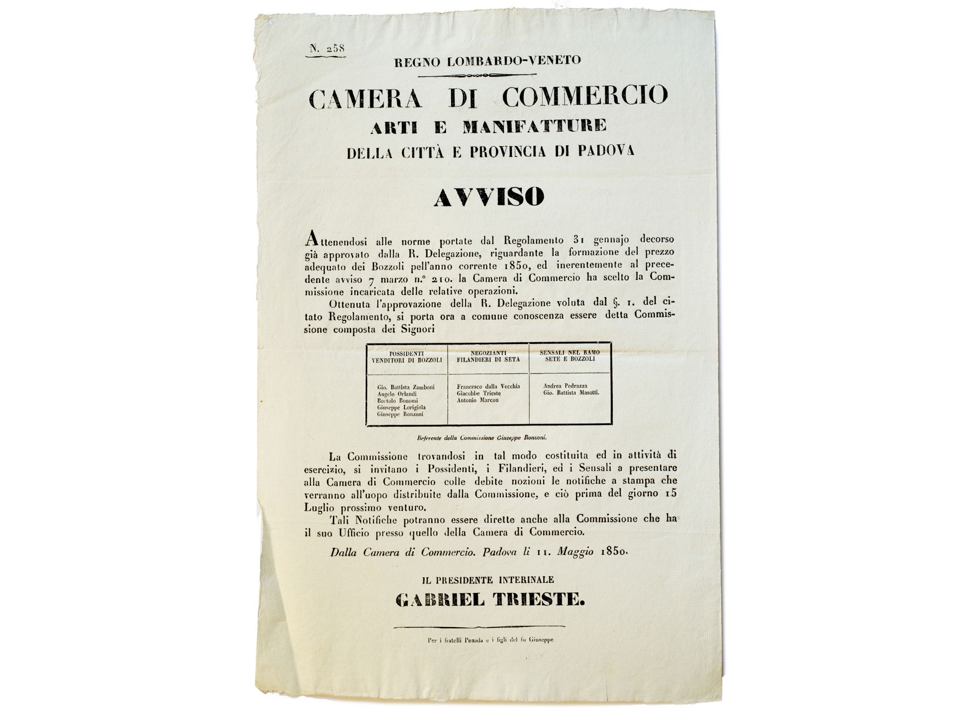 Camera di Commercio. Arti e manifatture della città e provincia di Padova. Avviso