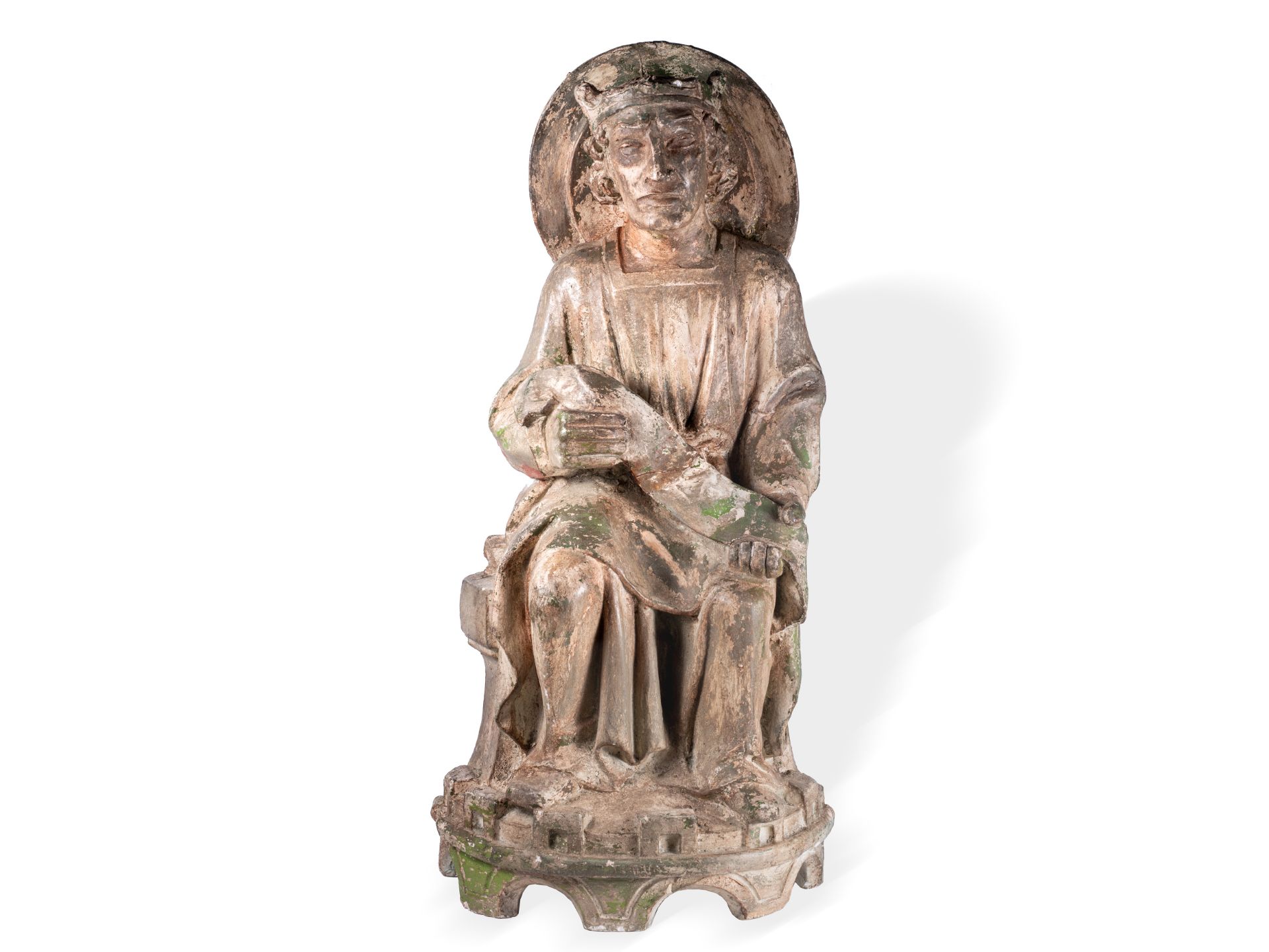 Museale Skulptur eines sitzenden Königs, Italien, Im Stil des 14. Jahrhunderts
