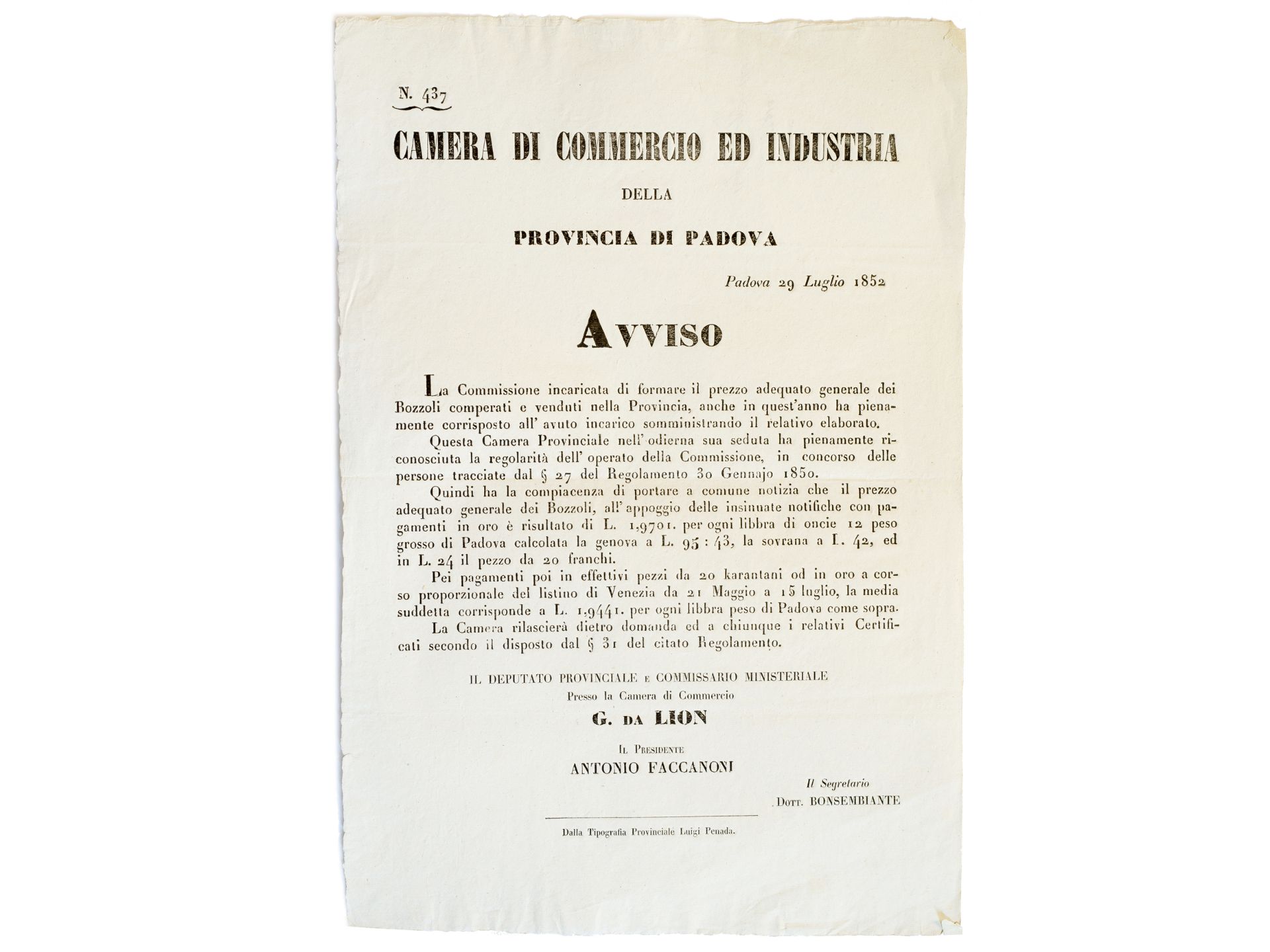 "Camera di Commercio ed Industria della provincia di Padova. Avviso", No. 437, Padua