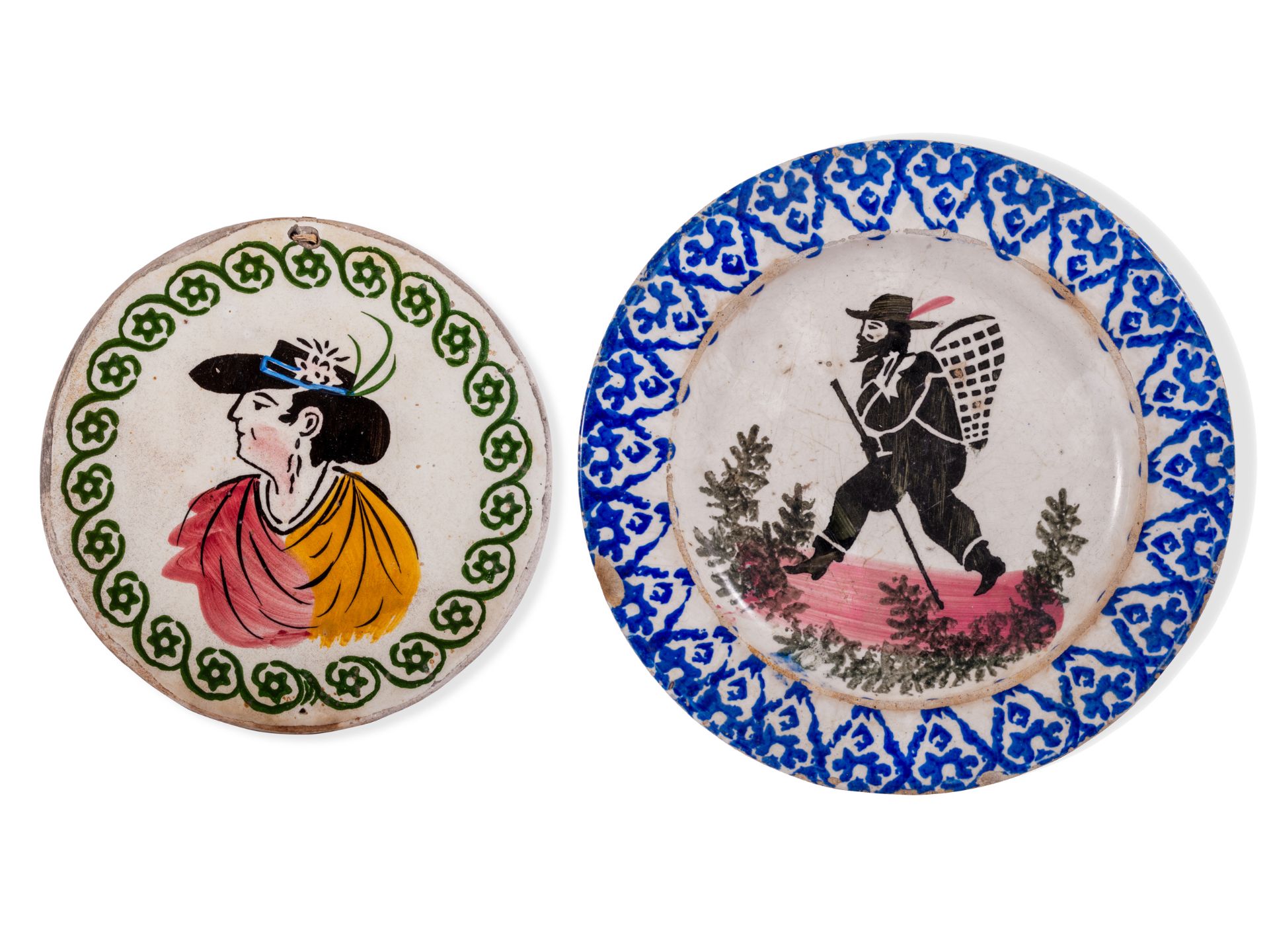 Pair of plates with wanderer man and profile portrait, Italy/Venice, 18./19. Century