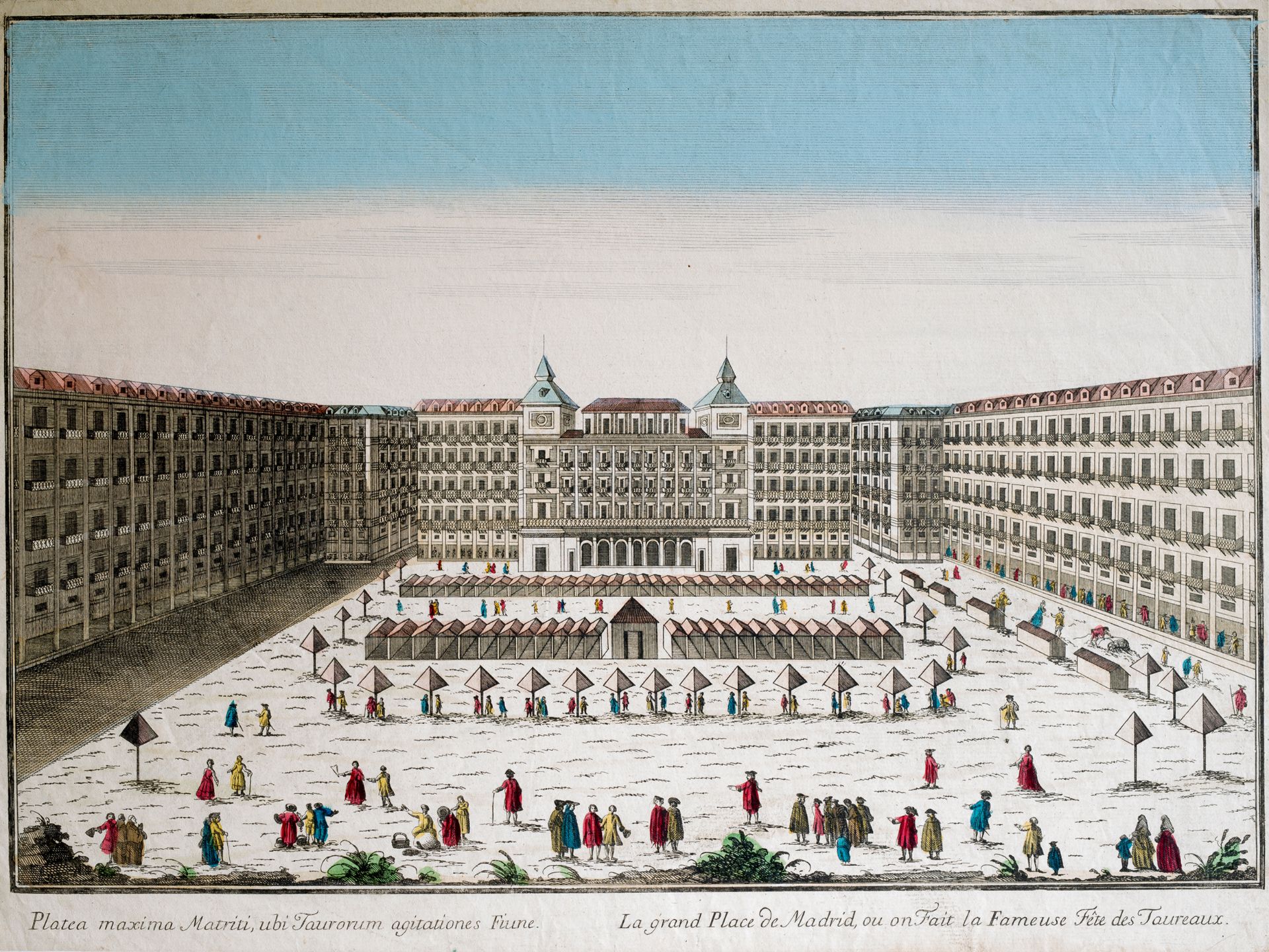 "Platea maxima Matriti, ubi Taurorum agitationes Fiune", Coloured engraving, Motif 41 x 30 cm