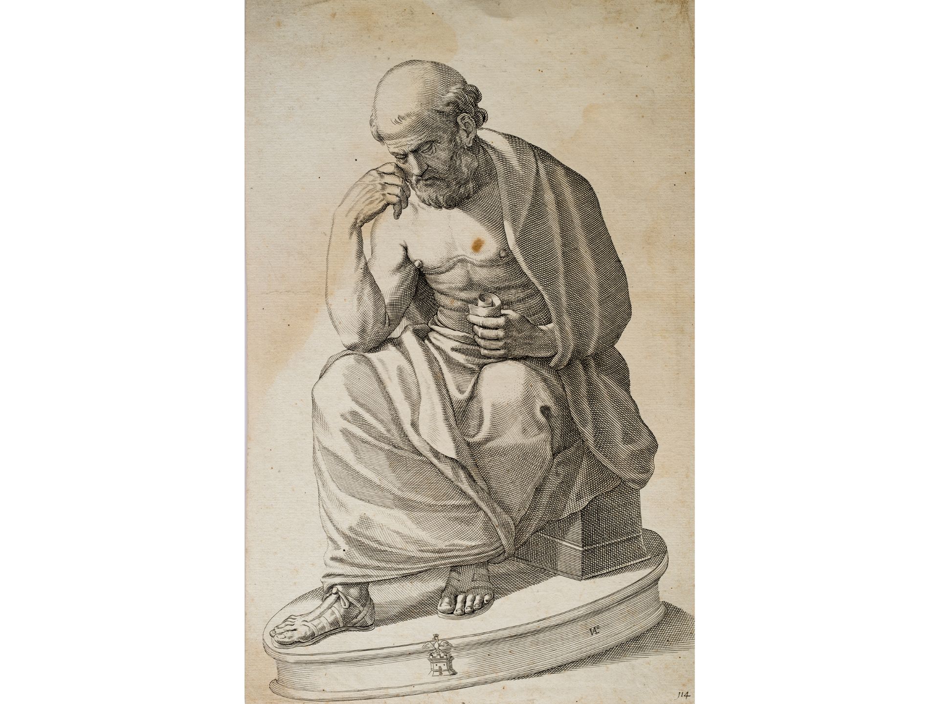 "Statue of a seated man - Diogenes?", On the base the coat of arms of Vincenzo Giustiniani