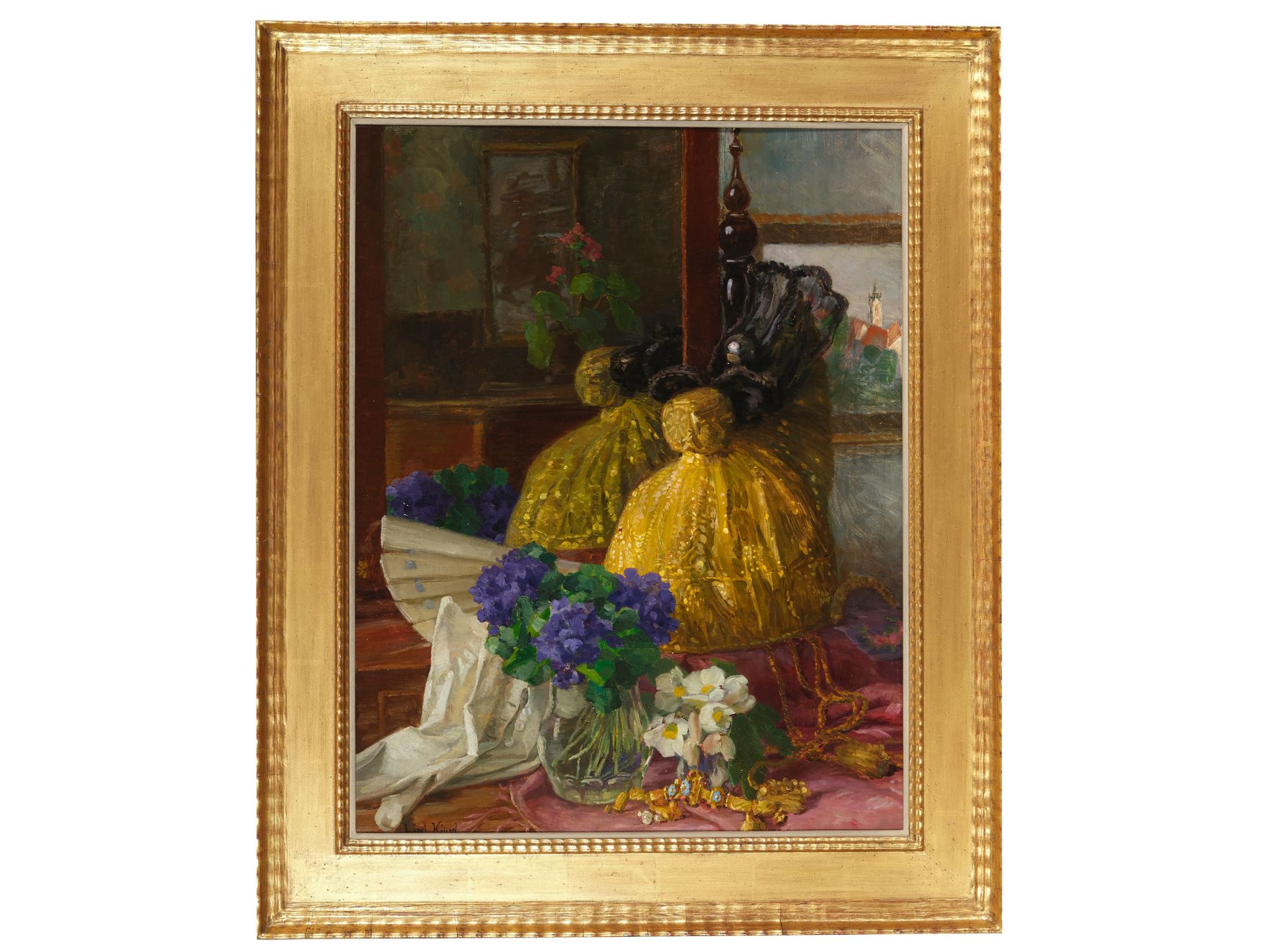 Liesl Kinzel, Vienna 1886 - 1961 Spitz at the Danube, Still life with gold hood - Image 2 of 5