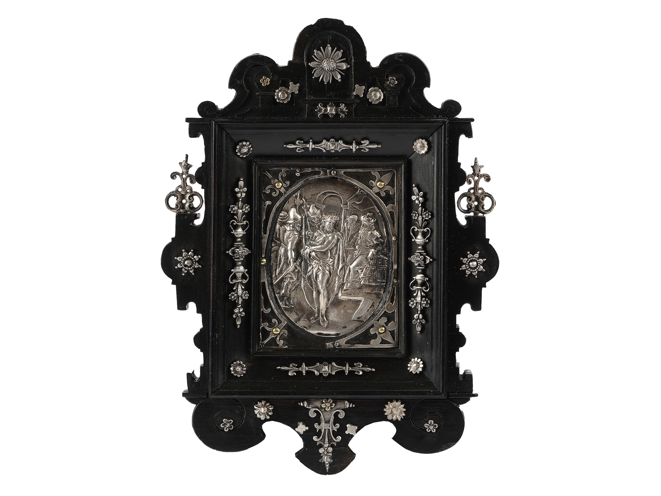 Silver reliefs in ebonised frame, Jesus before Pontius Pilate & Lamentation of Christ, 17th century - Image 3 of 5