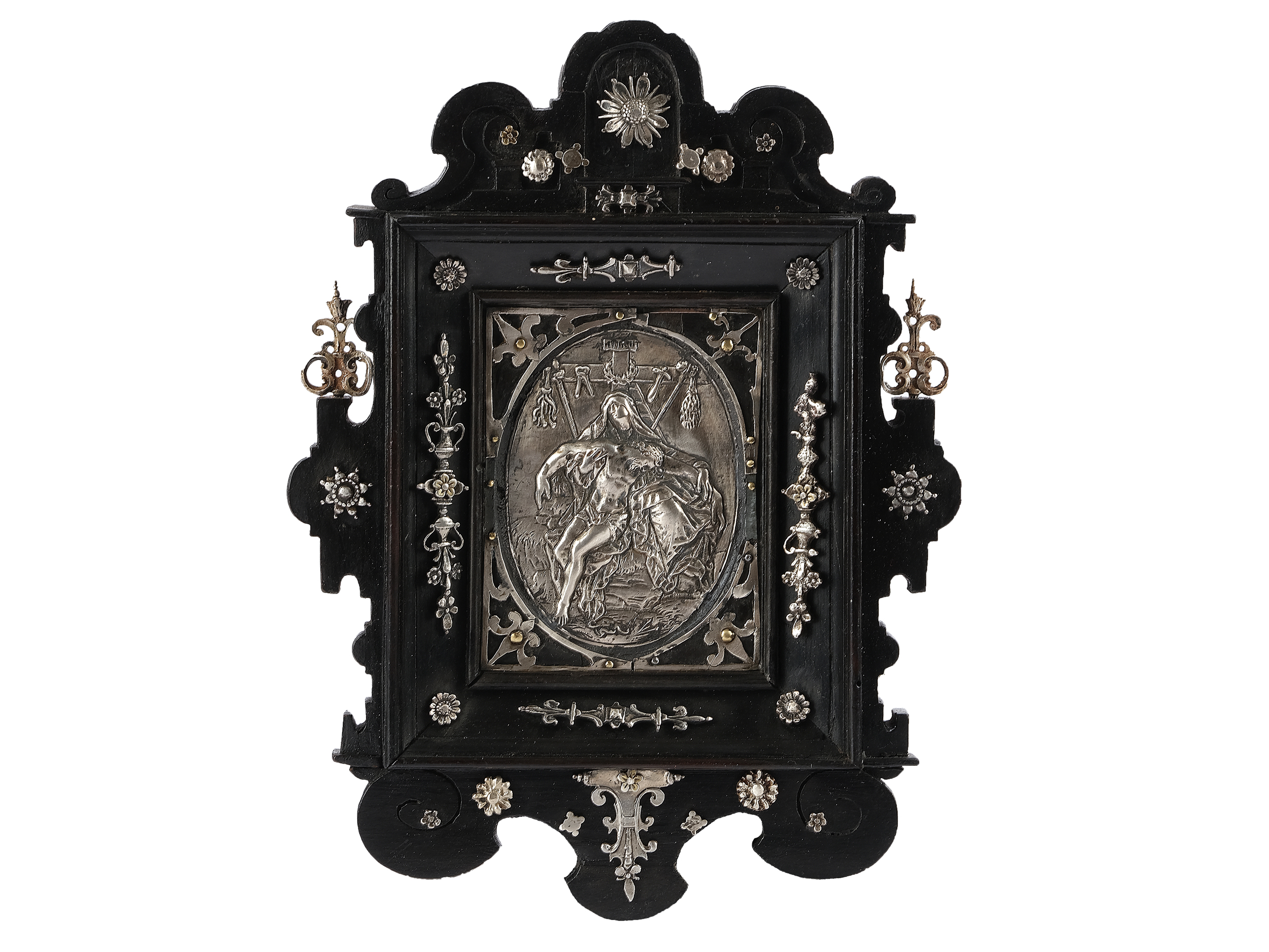 Silver reliefs in ebonised frame, Jesus before Pontius Pilate & Lamentation of Christ, 17th century - Image 2 of 5